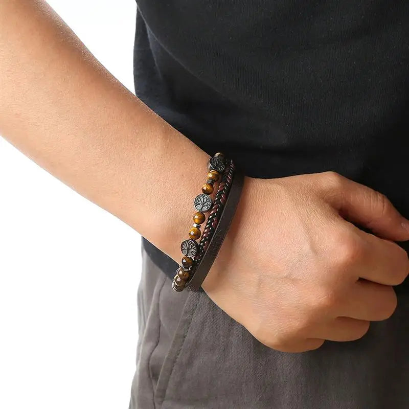 Jiayiqi New Design Punk Leather Bracelet Men Fashion Beaded Multi-Layer Leather Bracelet For Men New Year Jewelry Gift