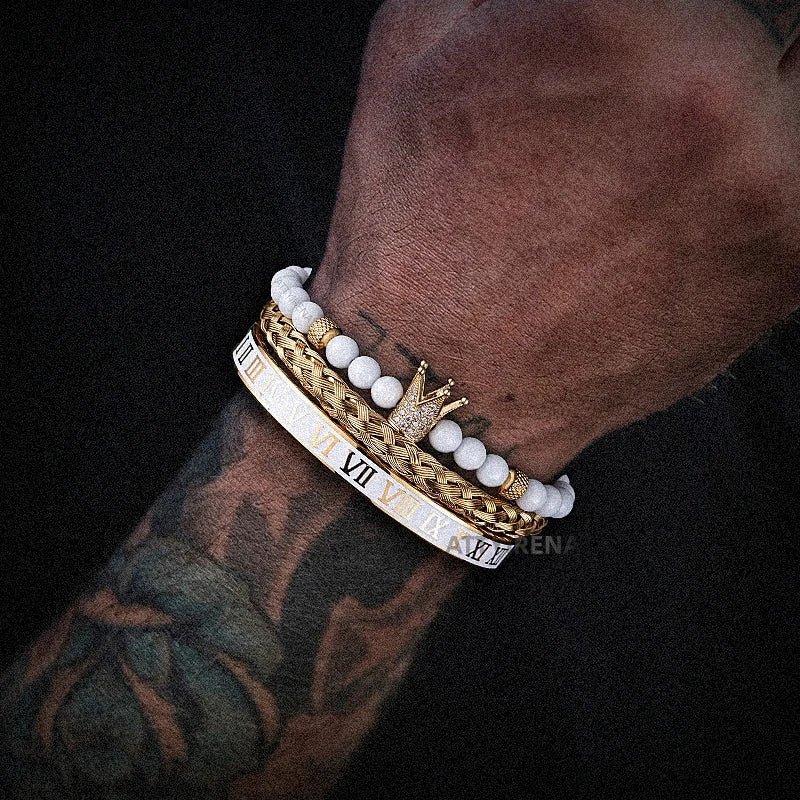 Luxury Set Crown Charm Gold Color Skull Bracelet Stainless Steel Men Black Enamel Roman Number Bangles Europe Couple Jewelry