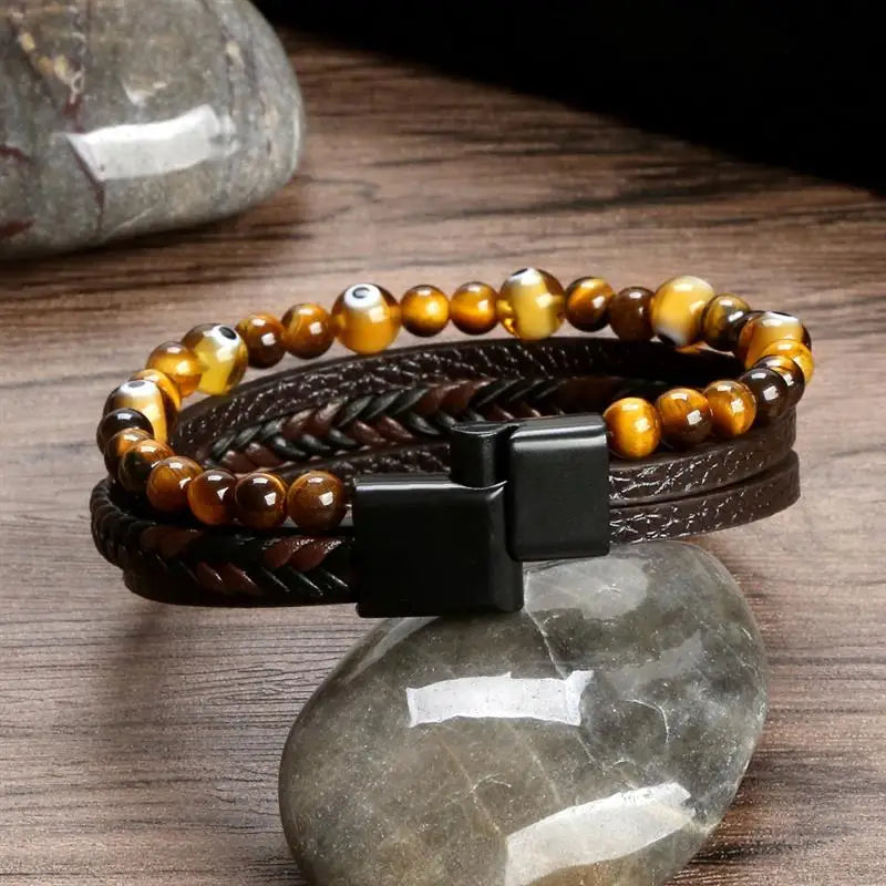 Jiayiqi New Design Punk Leather Bracelet Men Fashion Beaded Multi-Layer Leather Bracelet For Men New Year Jewelry Gift