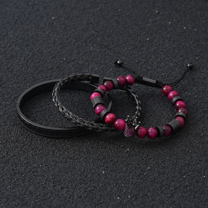 Luxury Set Tiger Stone Beads Crown Charms Man Bracelet Black Roman Stainless Steel Bangles Women Jewelry All Hallows’ Day Gift
