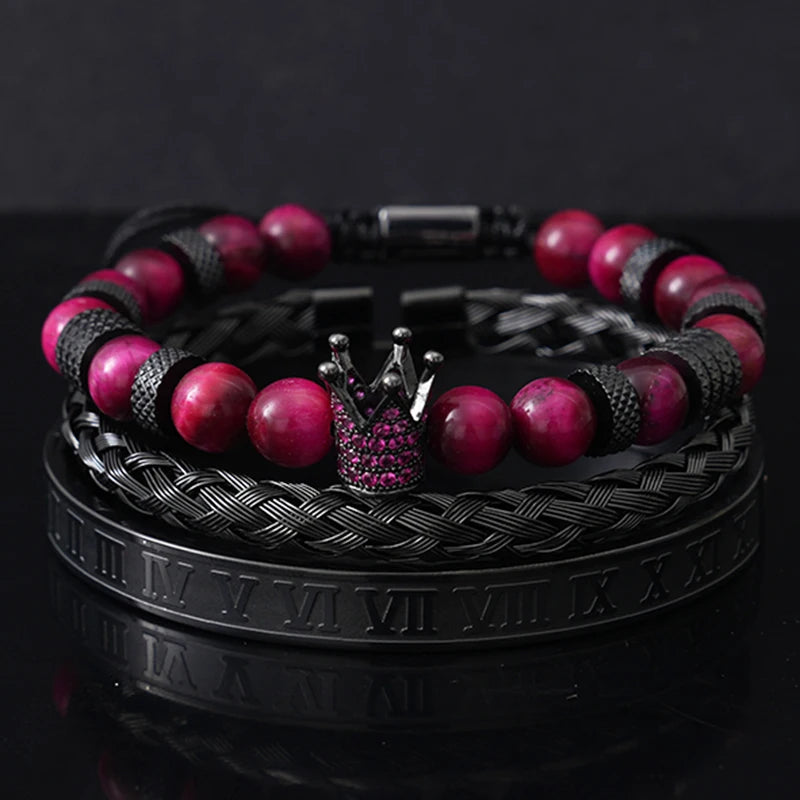 Luxury Set Tiger Stone Beads Crown Charms Man Bracelet Black Roman Stainless Steel Bangles Women Jewelry All Hallows’ Day Gift