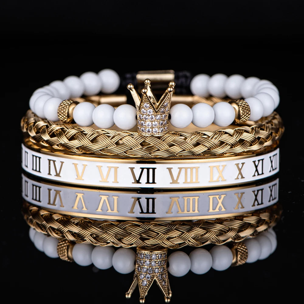 Luxury Set Crown Charm Gold Color Skull Bracelet Stainless Steel Men Black Enamel Roman Number Bangles Europe Couple Jewelry