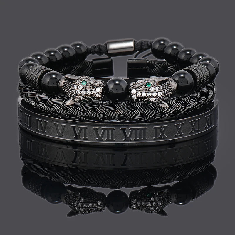 Luxury Black Stone Beads Leopard Head Man Bracelet Enamel Stainless Steel Roman Bangles Women Jewelry Set