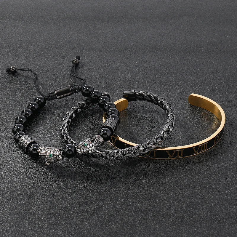 Luxury Black Stone Beads Leopard Head Man Bracelet Enamel Stainless Steel Roman Bangles Women Jewelry Set