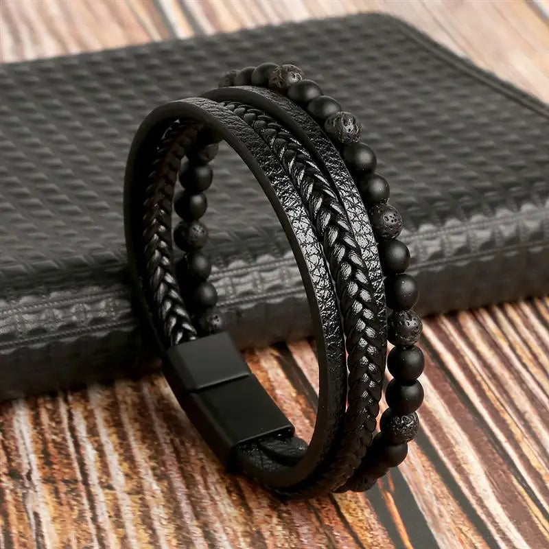 Jiayiqi New Design Punk Leather Bracelet Men Fashion Beaded Multi-Layer Leather Bracelet For Men New Year Jewelry Gift