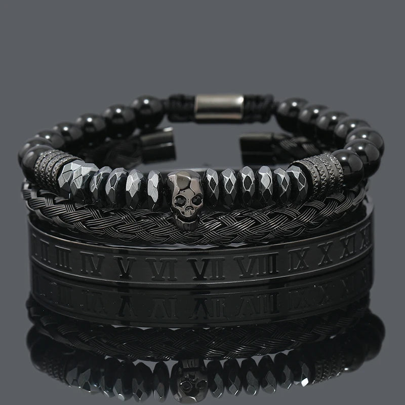 Black Stone Hematite Beads Men Skull Crown Leopard Head Handmade Bracelets Enamel Roman Bangles Hiphop Pulseras Jewelry