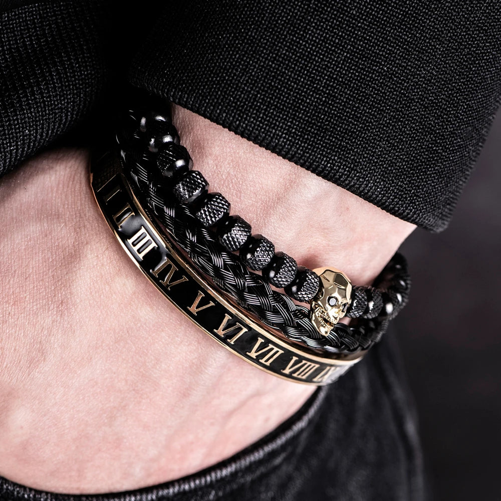 Luxury 3pcs/Set Skull Charm Black Bracelet Stainless Steel Men Enamel Roman Number Bangles Europe Fashion Couple Jewelry