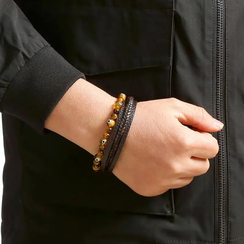 Jiayiqi New Design Punk Leather Bracelet Men Fashion Beaded Multi-Layer Leather Bracelet For Men New Year Jewelry Gift