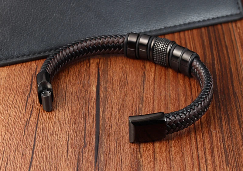 Brand Fashion Handmade Men's Leather Bracelet Trendy Classic Charm Braided Wrap Stainless Steel Bracelets Punk Bangles