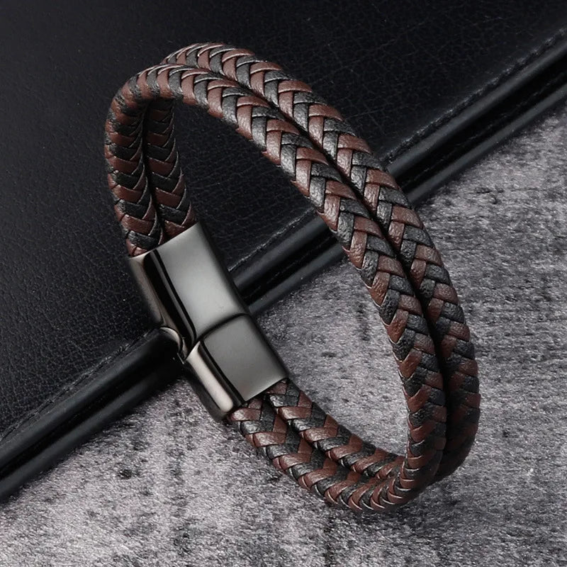 Trendy Men Jewelry Red Braided Leather Rope Bracelet Black Magnetic Buckle Bracelets Punk Men Wrist Band Pulsera Hombre