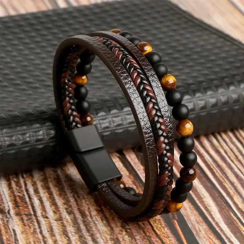 Jiayiqi New Design Punk Leather Bracelet Men Fashion Beaded Multi-Layer Leather Bracelet For Men New Year Jewelry Gift