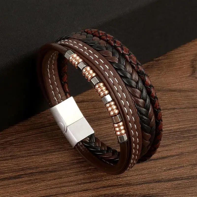 Jiayiqi New Design Punk Leather Bracelet Men Fashion Beaded Multi-Layer Leather Bracelet For Men New Year Jewelry Gift