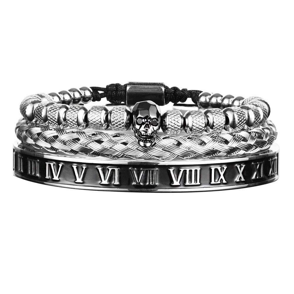 Luxury 3pcs/Set Skull Charm Black Bracelet Stainless Steel Men Enamel Roman Number Bangles Europe Fashion Couple Jewelry