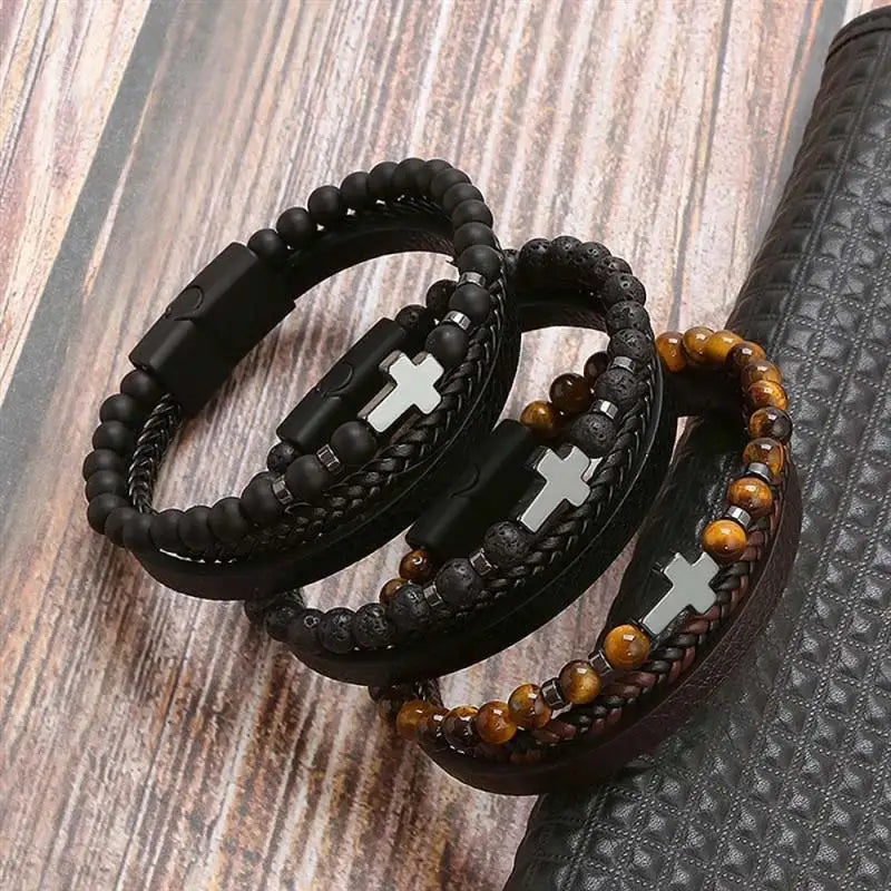Jiayiqi New Design Punk Leather Bracelet Men Fashion Beaded Multi-Layer Leather Bracelet For Men New Year Jewelry Gift