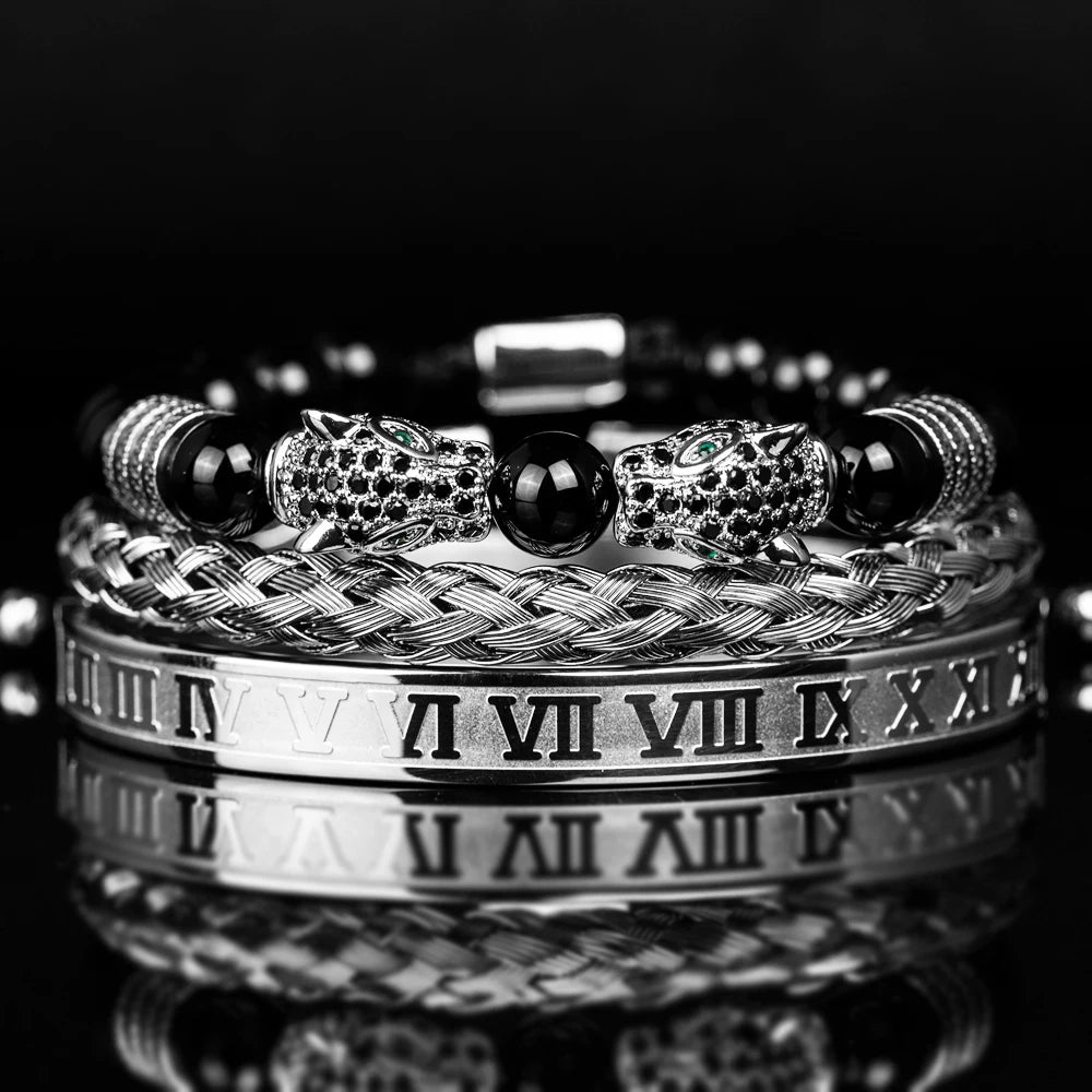 3PCS Mens Premium Black Agate Beaded Bracelet Set - Double Leopard Head, Roman Numerals, Adjustable Braided Design Bracelets