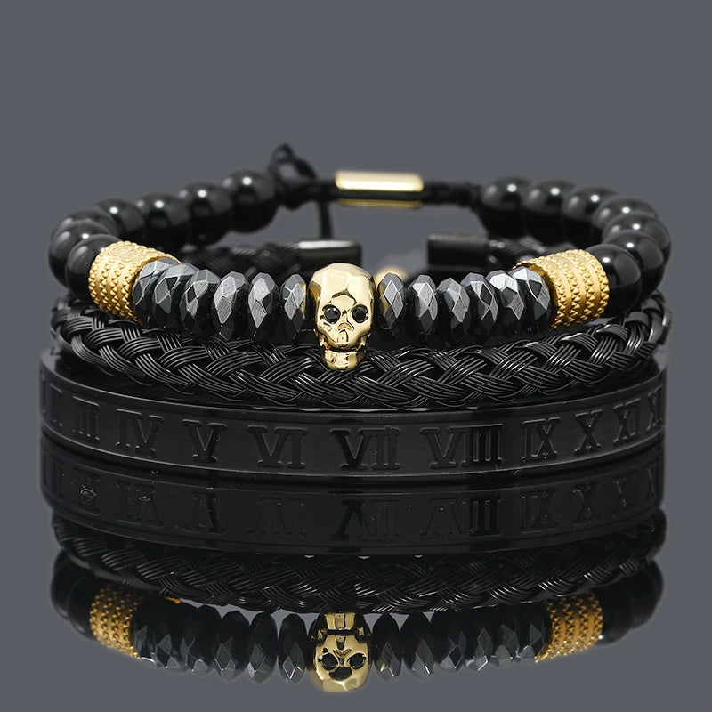 Black Stone Hematite Beads Men Skull Crown Leopard Head Handmade Bracelets Enamel Roman Bangles Hiphop Pulseras Jewelry