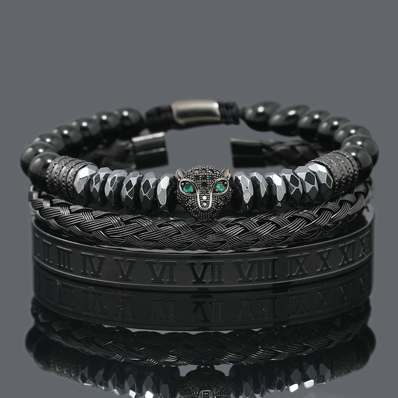 Black Stone Hematite Beads Men Skull Crown Leopard Head Handmade Bracelets Enamel Roman Bangles Hiphop Pulseras Jewelry