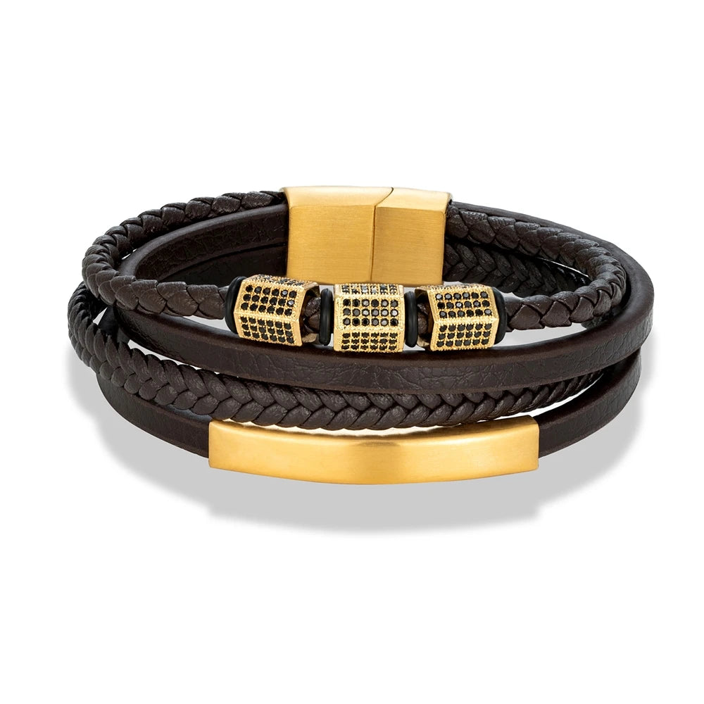 MKENDN Luxury Cubic Zircon Leather Braided Stainless Steel Magnetic Buckle Bracelet for Man Woman Daily Wear Jewelry Gift