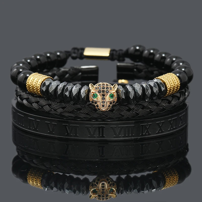 Black Stone Hematite Beads Men Skull Crown Leopard Head Handmade Bracelets Enamel Roman Bangles Hiphop Pulseras Jewelry