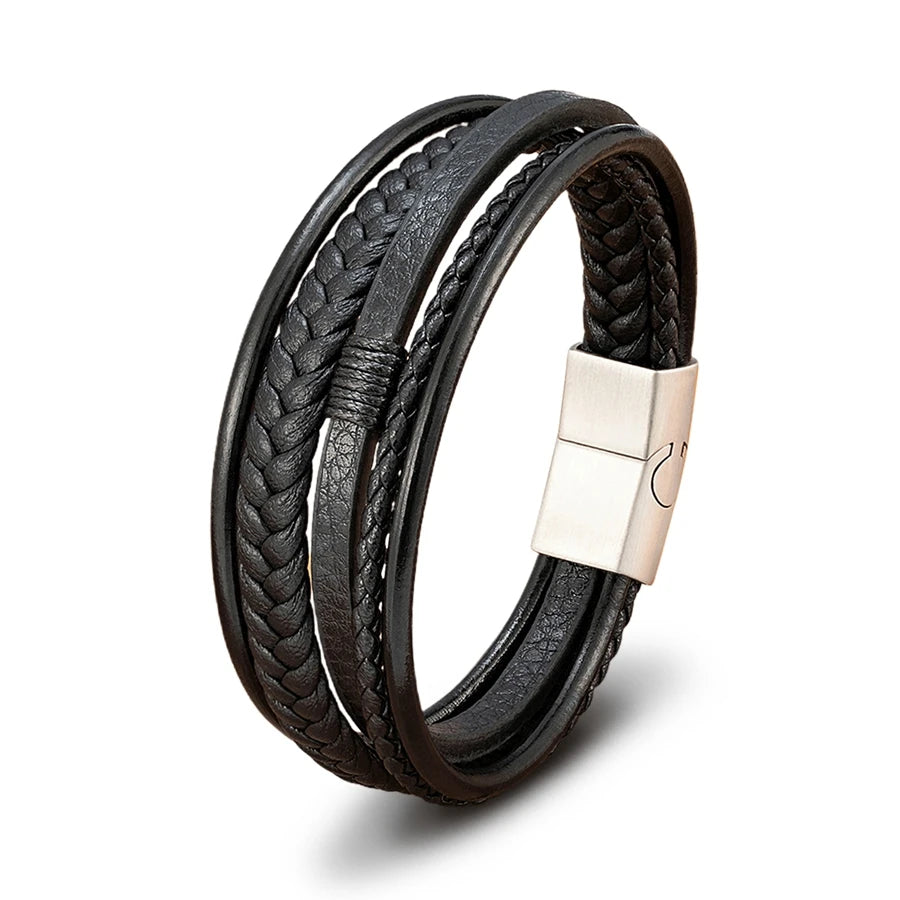 XQNI Luxury Fashion Hand-Woven Leather Bracelet Multilayer Men's Bangles Stainless Steel Magnetic Buckle Party Jewelry Gift