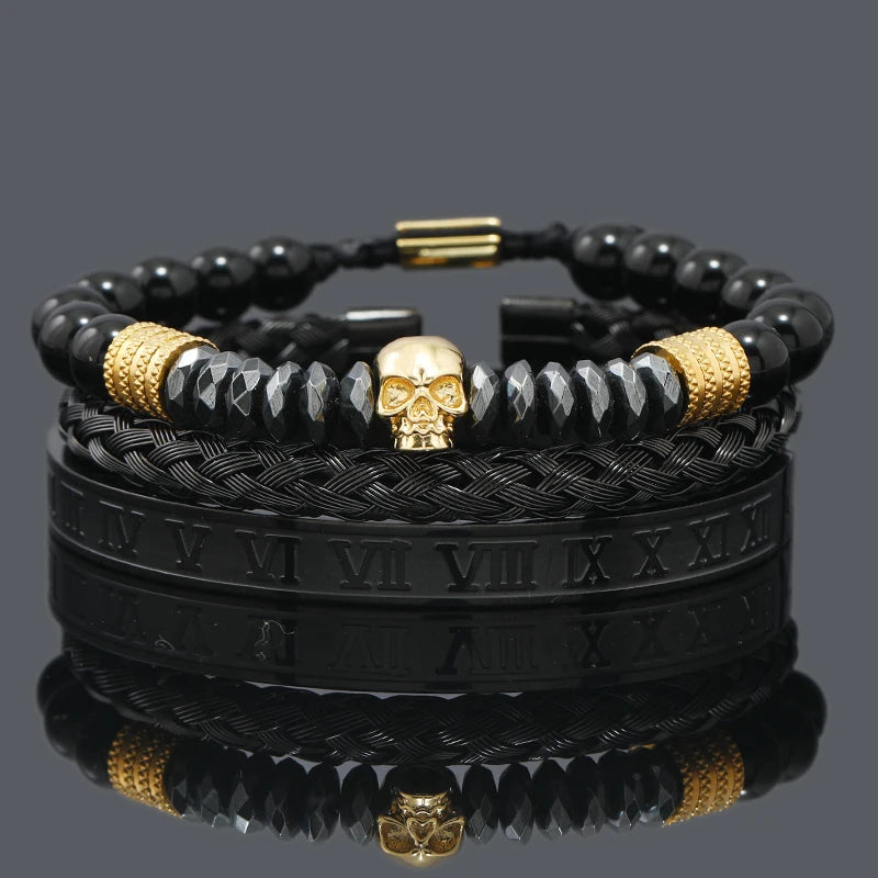 Black Stone Hematite Beads Men Skull Crown Leopard Head Handmade Bracelets Enamel Roman Bangles Hiphop Pulseras Jewelry