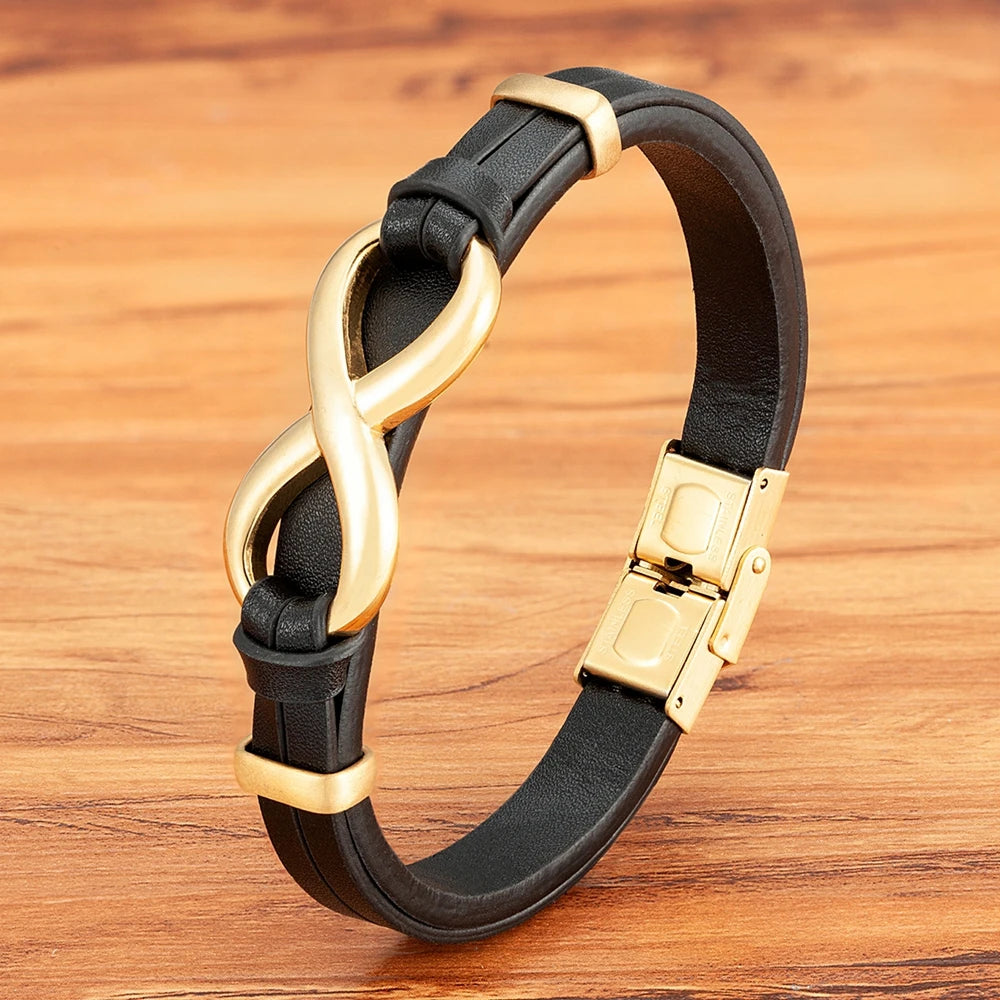 TYO Luxury Genuine Leather Infinity Symbol Mens Bracelet Stainless Steel Buckle Couple Bangles Jewelry Dropshipping Wholesale