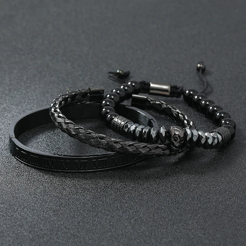 Black Stone Hematite Beads Men Skull Crown Leopard Head Handmade Bracelets Enamel Roman Bangles Hiphop Pulseras Jewelry
