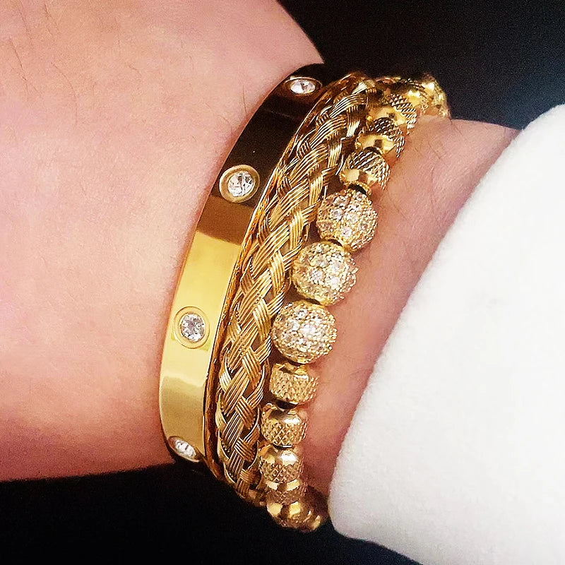 Luxury 8mm CZ Ball Charm Man Bracelet Crystal Stainless Steel Women Bangles Couple Jewelry Set Valentines Day Gift