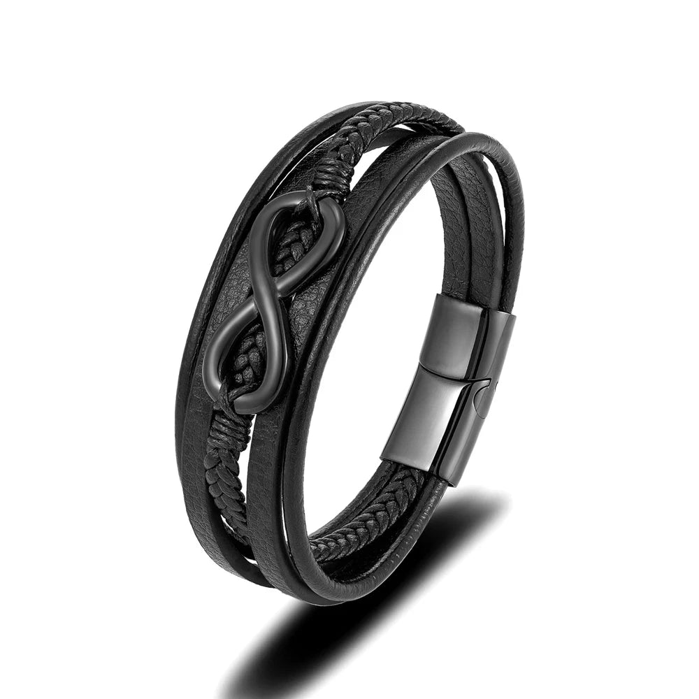 MKENDN Classic Men Infinity Bracelet Woven Multilayer Braided Leather Bracelets For Women Black Stainless Steel Jewelry Gifts