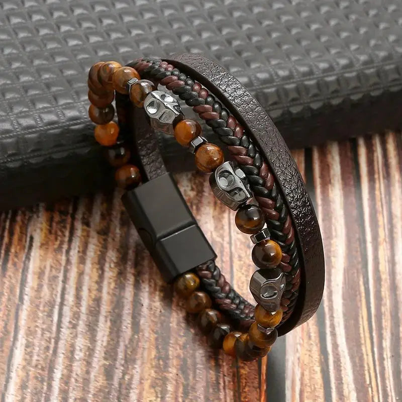 Jiayiqi New Design Punk Leather Bracelet Men Fashion Beaded Multi-Layer Leather Bracelet For Men New Year Jewelry Gift