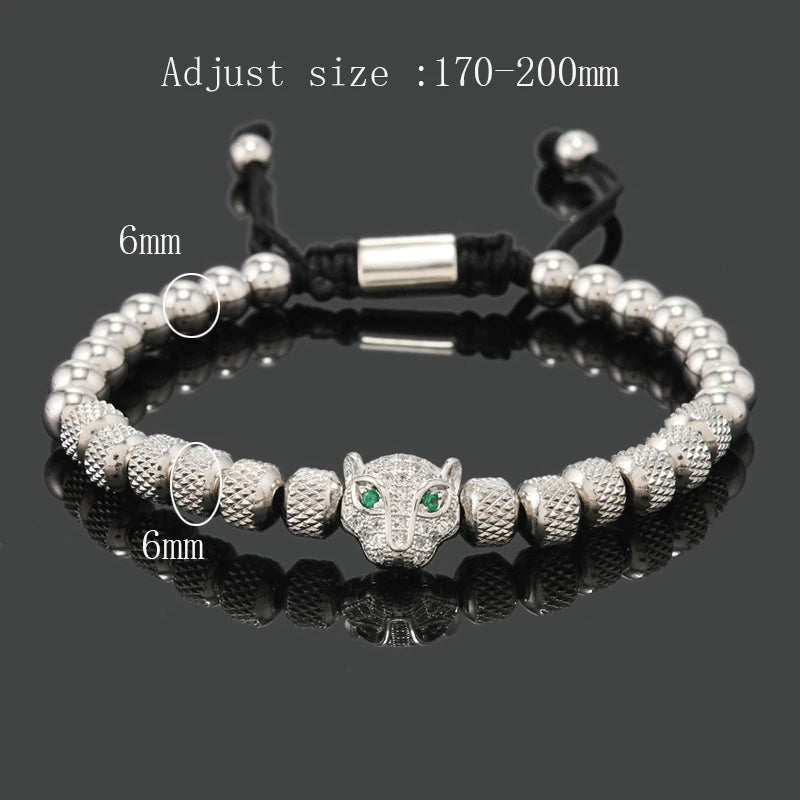 Luxury Royal Black Leopard Head Man Bracelet Stainless Steel Beads Hand Jewelry Big Boy Gift