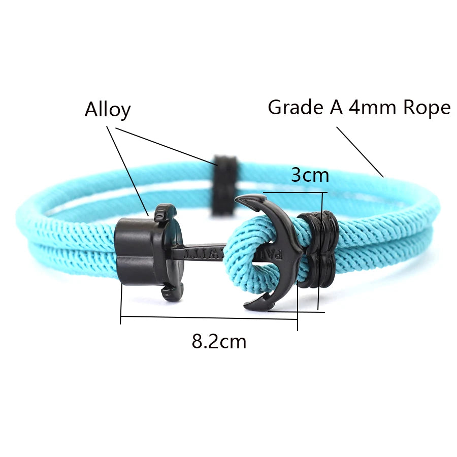 New Fashion Black Marine Anchor Bracelet For Men 4mm Bilayer Milan Rope Nautical Wrap Braclet Gifts For Him Surfing Accessories