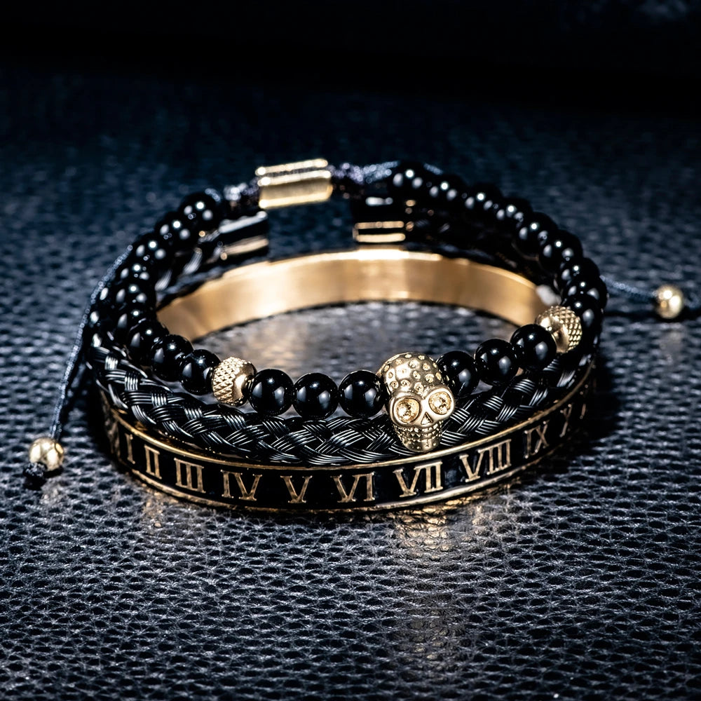 Luxury Set Crown Charm Gold Color Skull Bracelet Stainless Steel Men Black Enamel Roman Number Bangles Europe Couple Jewelry