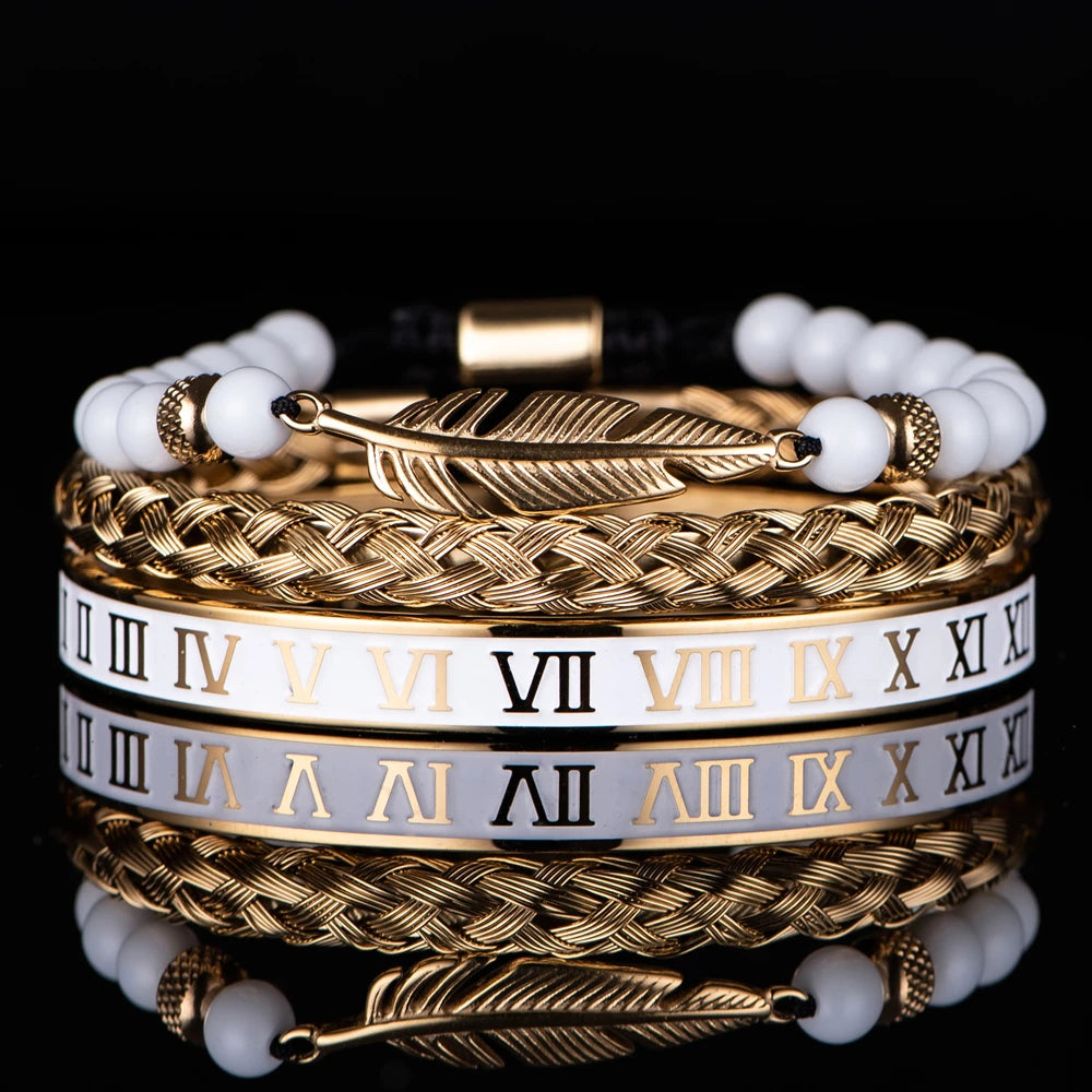 Luxury Set Crown Charm Gold Color Skull Bracelet Stainless Steel Men Black Enamel Roman Number Bangles Europe Couple Jewelry