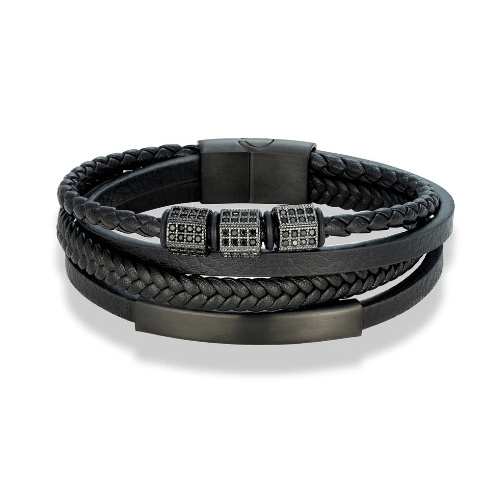 MKENDN Luxury Cubic Zircon Leather Braided Stainless Steel Magnetic Buckle Bracelet for Man Woman Daily Wear Jewelry Gift
