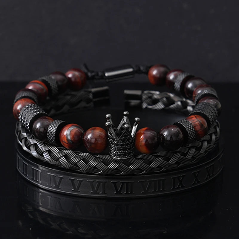 Luxury Set Tiger Stone Beads Crown Charms Man Bracelet Black Roman Stainless Steel Bangles Women Jewelry All Hallows’ Day Gift
