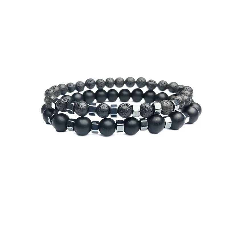 New In Frosted Black Bead Volcanic Stone Men’s Bracelet Set Double Layer Nature Stone Beaded Bracelets Gifts