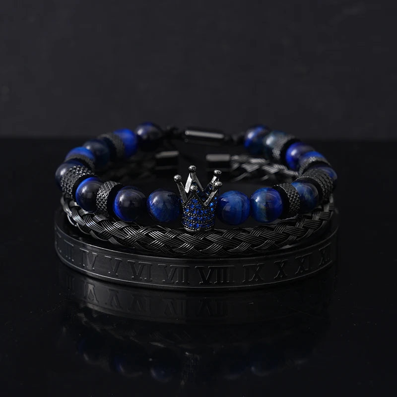 Luxury Set Tiger Stone Beads Crown Charms Man Bracelet Black Roman Stainless Steel Bangles Women Jewelry All Hallows’ Day Gift