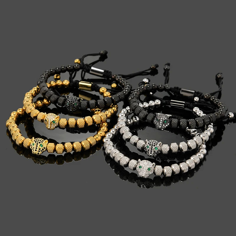 Luxury Royal Black Leopard Head Man Bracelet Stainless Steel Beads Hand Jewelry Big Boy Gift