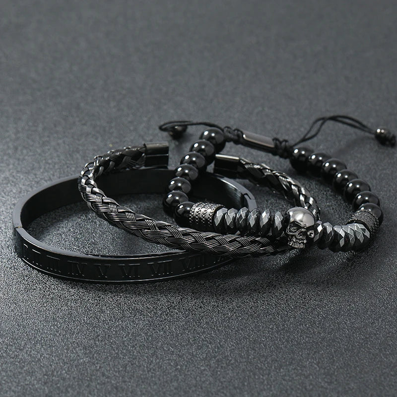 Black Stone Hematite Beads Men Skull Crown Leopard Head Handmade Bracelets Enamel Roman Bangles Hiphop Pulseras Jewelry