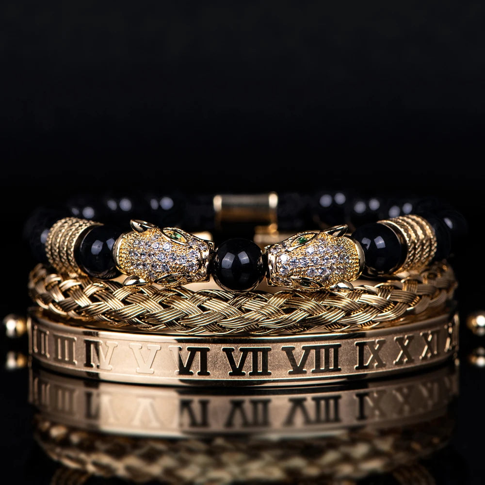 3PCS Mens Premium Black Agate Beaded Bracelet Set - Double Leopard Head, Roman Numerals, Adjustable Braided Design Bracelets