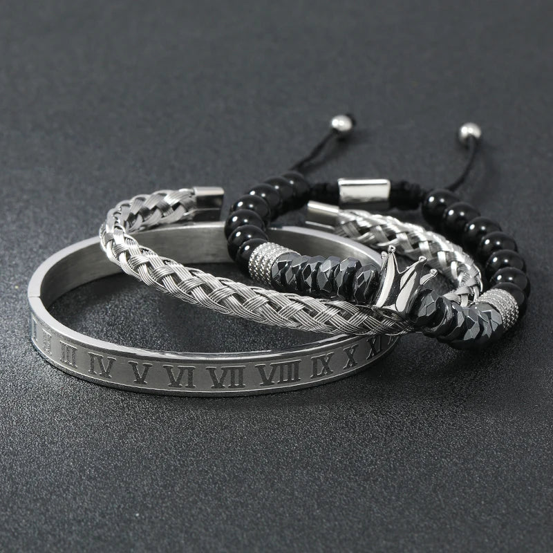 Black Stone Hematite Beads Men Skull Crown Leopard Head Handmade Bracelets Enamel Roman Bangles Hiphop Pulseras Jewelry