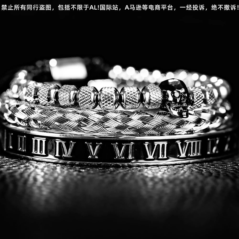Luxury 3pcs/Set Skull Charm Black Bracelet Stainless Steel Men Enamel Roman Number Bangles Europe Fashion Couple Jewelry