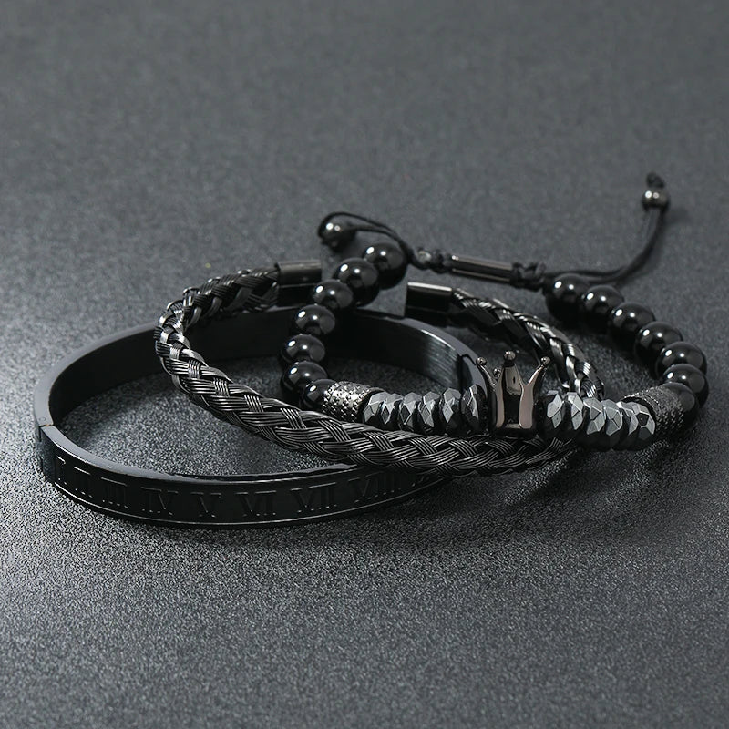 Black Stone Hematite Beads Men Skull Crown Leopard Head Handmade Bracelets Enamel Roman Bangles Hiphop Pulseras Jewelry