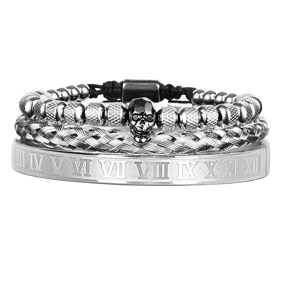 Luxury 3pcs/Set Skull Charm Black Bracelet Stainless Steel Men Enamel Roman Number Bangles Europe Fashion Couple Jewelry