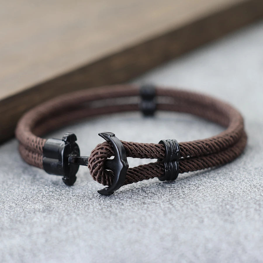 New Fashion Black Marine Anchor Bracelet For Men 4mm Bilayer Milan Rope Nautical Wrap Braclet Gifts For Him Surfing Accessories