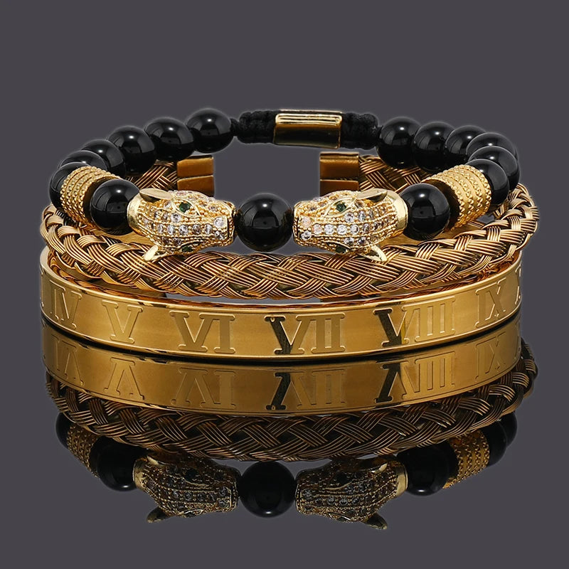 Luxury Black Stone Beads Leopard Head Man Bracelet Enamel Stainless Steel Roman Bangles Women Jewelry Set