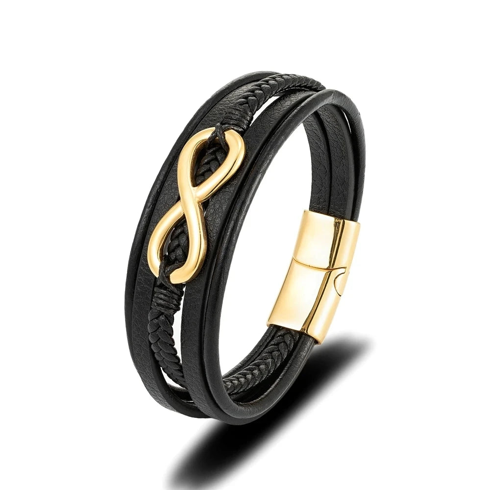 MKENDN Classic Men Infinity Bracelet Woven Multilayer Braided Leather Bracelets For Women Black Stainless Steel Jewelry Gifts