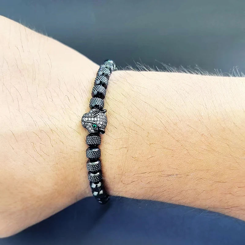 Luxury Royal Black Leopard Head Man Bracelet Stainless Steel Beads Hand Jewelry Big Boy Gift