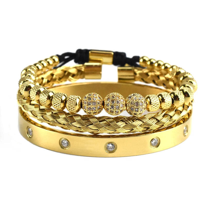 Luxury 8mm CZ Ball Charm Man Bracelet Crystal Stainless Steel Women Bangles Couple Jewelry Set Valentines Day Gift